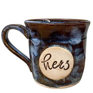 “hers” Medallion blue glaze artisan crafted mug pottery stoneware